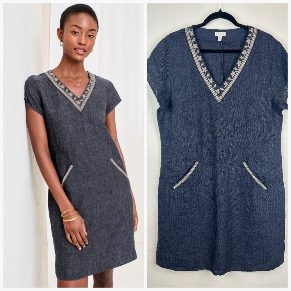 Garnet Hill Linen Embroidered V Neck Dress Size 14 Blue Boho Lagenlook Pockets